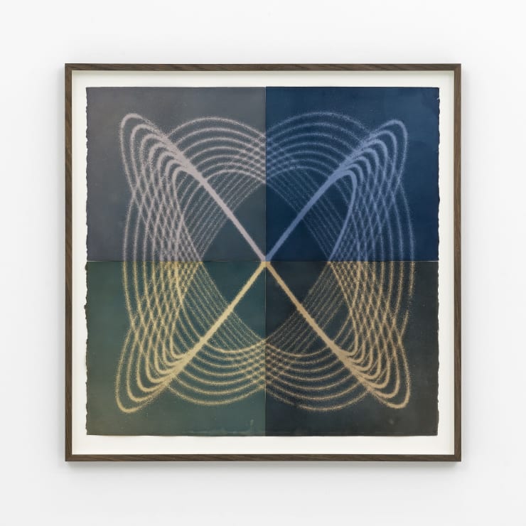 Louise Foo Dark Fourth (3:4), 2023 Cyanotype, sand, paper, smoked oak, UltraVue glass Unframed: 56 x 56 cm Framed: 63 x 63 cm