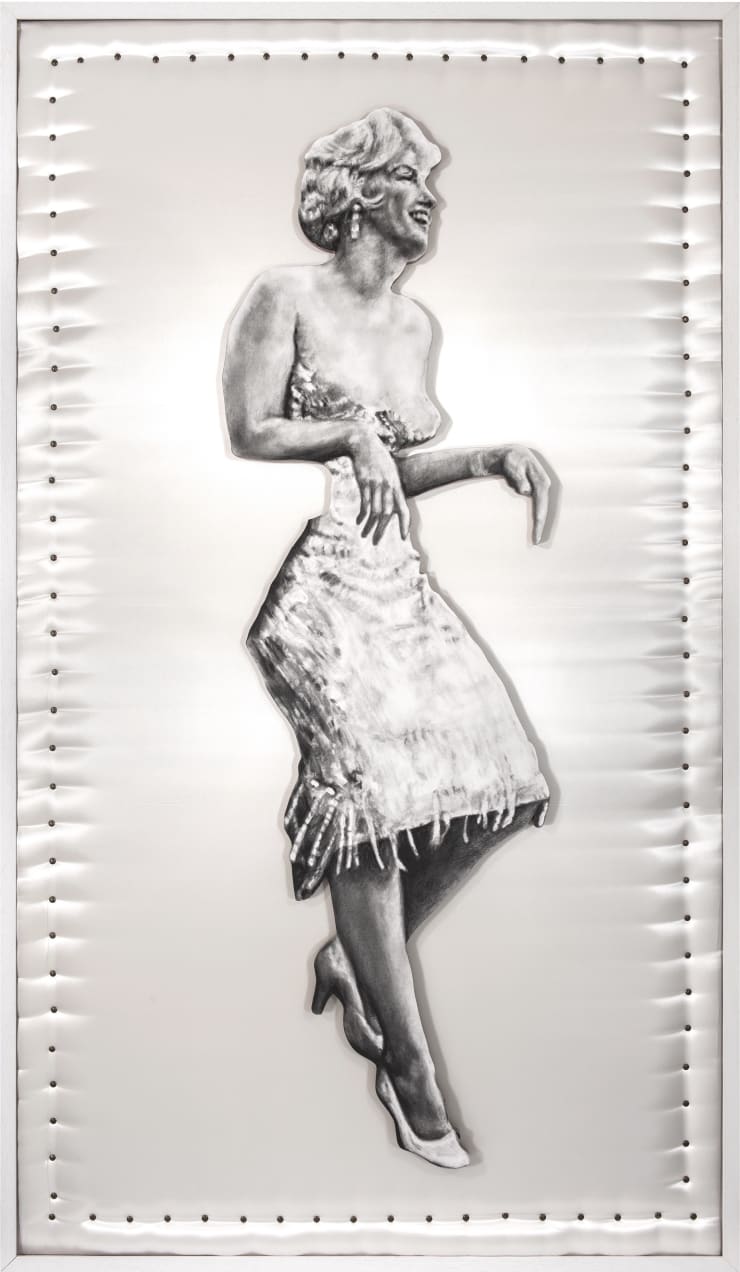 Nina Mae Fowler Marilyn (Leaning Board II), 2013 Pencil on paper, wood, satin and upholstery pins 1220 x 2120 x...
