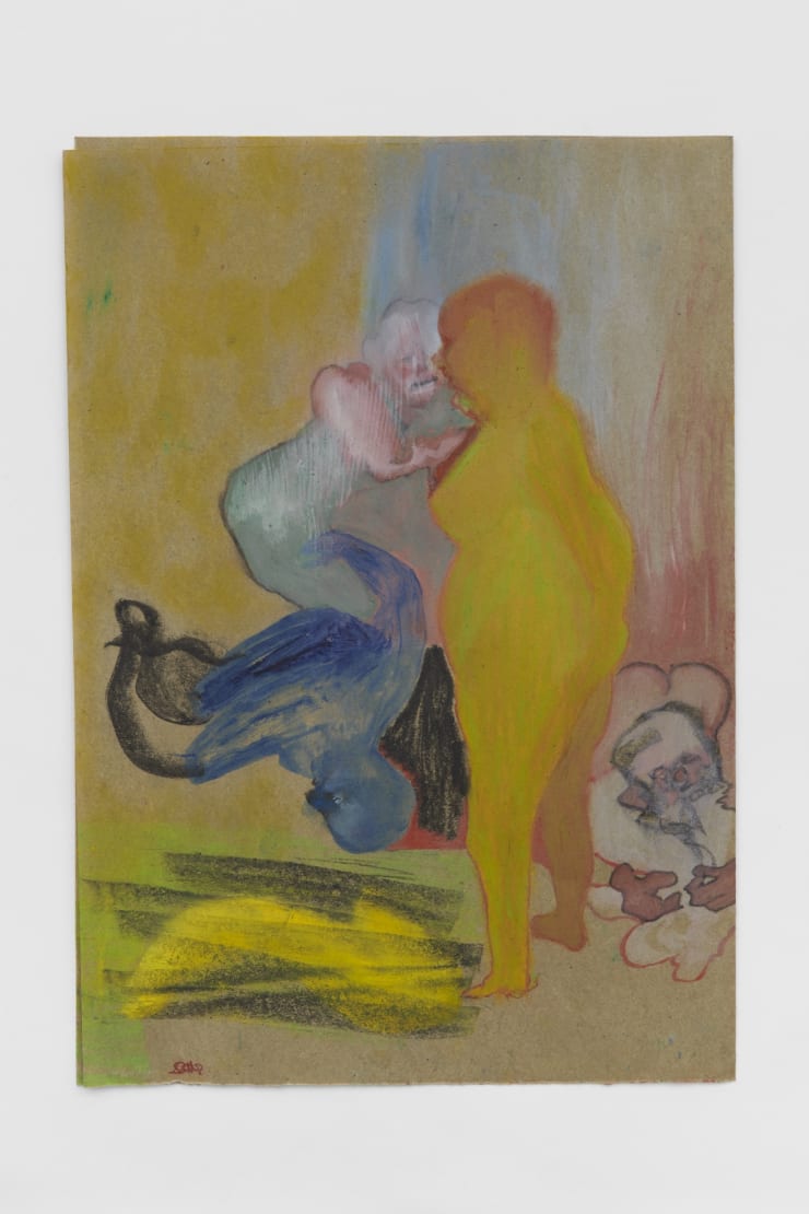 Summons in Yellow, 2021, Oil pastel, oil paint, oil primed sugar paper, 16 1/2 x 11 3/4 in