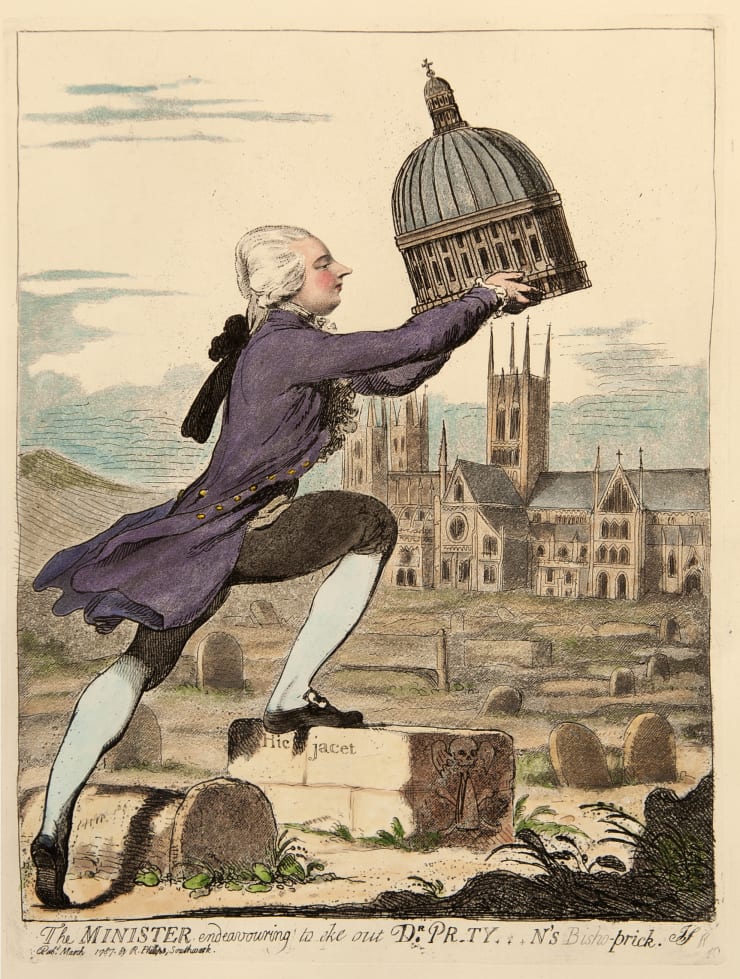 James Gillray The Minister endeavouring to eke out Dr Pr*ty***n's Bisho Prick, 1787