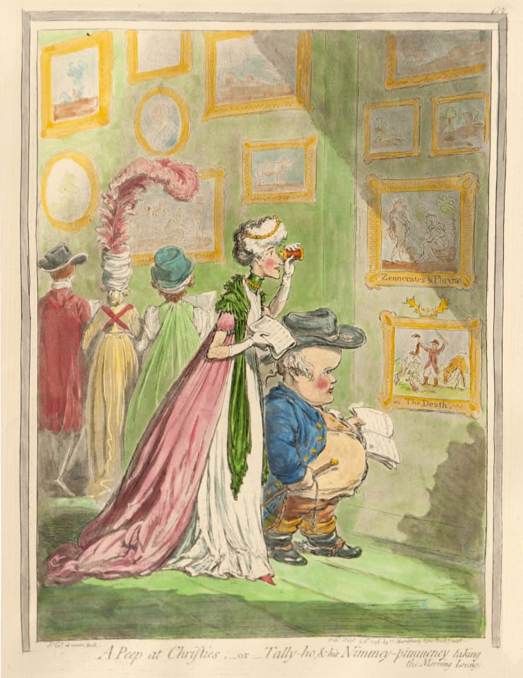 James Gillray A Peep at Christies; - or - Tally-ho, & his Nimeney-pimmeney taking the Morning Lounge, 1796