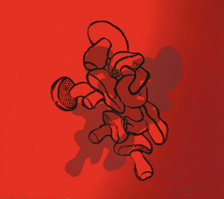 Mycologia, 2022 Silkscreen on Somerset paper Signed in pencil Numbered from the edition of 60 Printed by Kip Gresham with the studio’s blindstamp Paper and image size: 510 x 450 mm "Each year Suillus (Slippery Jack) appears just for a brief two or three weeks, and where we live they can be so abundant, that it’s hard to find enough friends to give them away. The skein of their umber and sienna caps peels readily but leaves deep nicotine-like stains on the hands that can take days to remove. Under the cap’s skin the flesh of the mushrooms is pale citron-yellow. One colour gives way to another. This reminds me of how animals and birds see colours differently to us humans. The colours that we associate with experiences are deeply personal.The emotion expressed by one colour may better convey one’s experience of a quite different colour. I think that Kandinsky and Matisse understood this. In this print, the deep scarlet, blending in from the right side of the print towards the centre, is not in fact red at all. It is a transparent ultra blue, stealthily working in the print, which feels right, because fungi are, at one and the same time, subtle and brash, stealthy and overt."