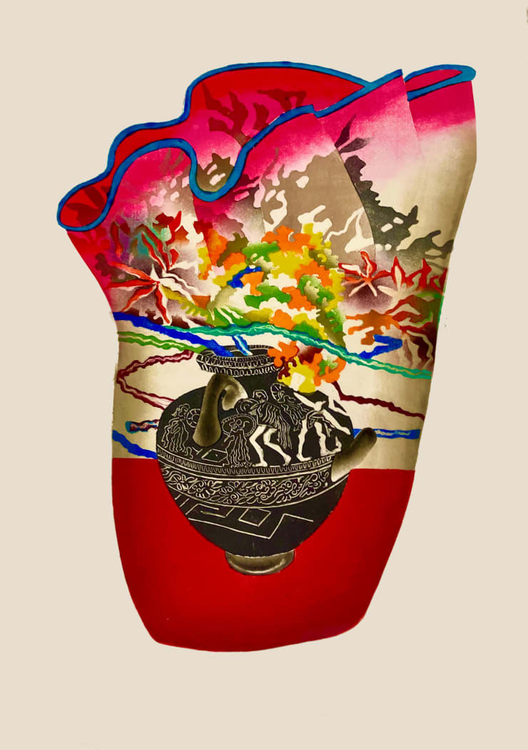 Sophie Layton, Sogetsu Arrangement on Flared Vase with Roman Pot - Pink, 2021