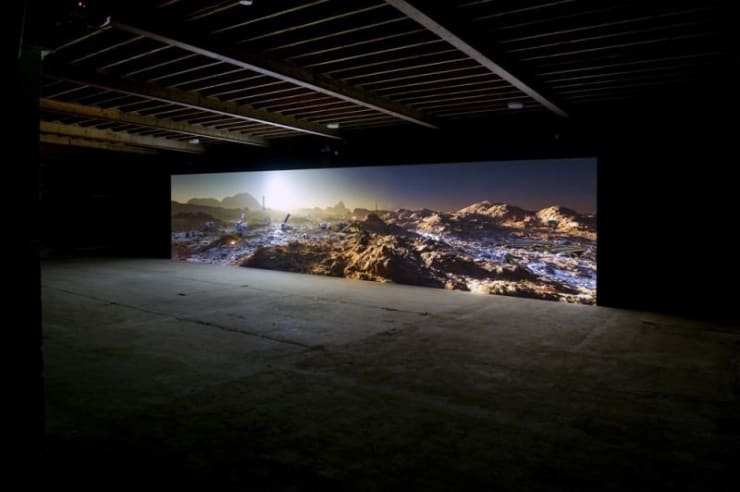 Kelly Richardson (Canadian, born 1972). Installation view of Mariner 9, 2012. Three-channel high-definition video installation with 5.1 audio. Running time: 20 minutes. Originally commissioned by Tyneside Cinema, UK. Image courtesy the artist and Birch Libralato. Photograph by Colin Davison.