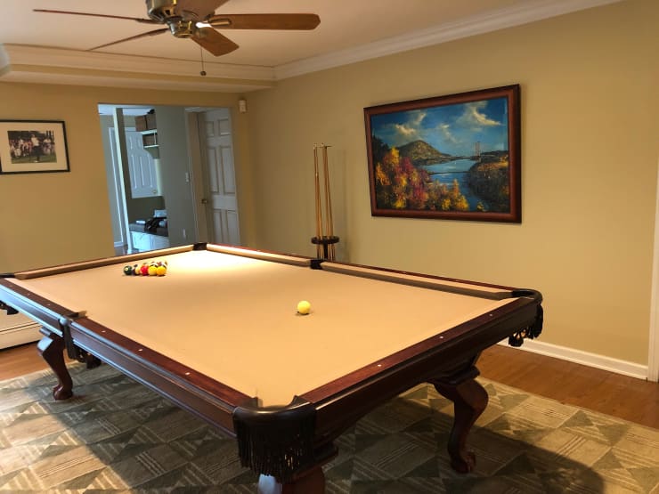 Photo of artwork hanging on a wall with a pool table in the foreground