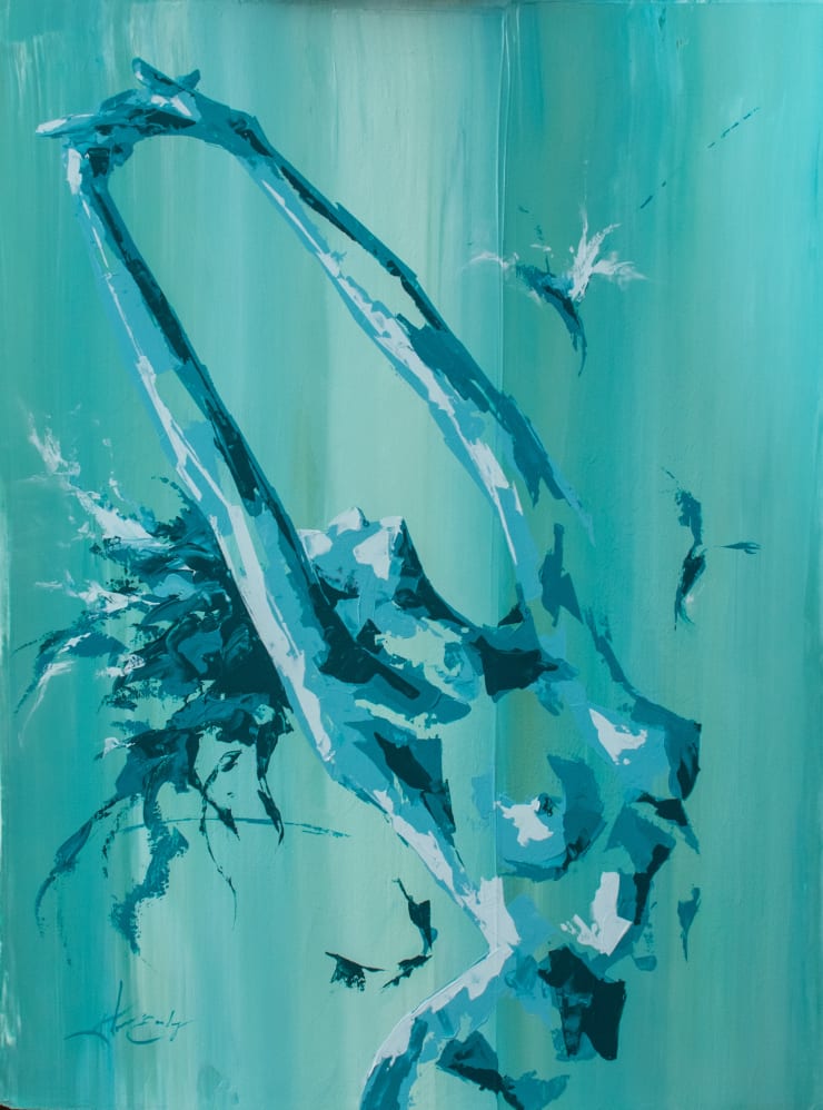 Nude torso of woman on blue background with arms stretched upwards