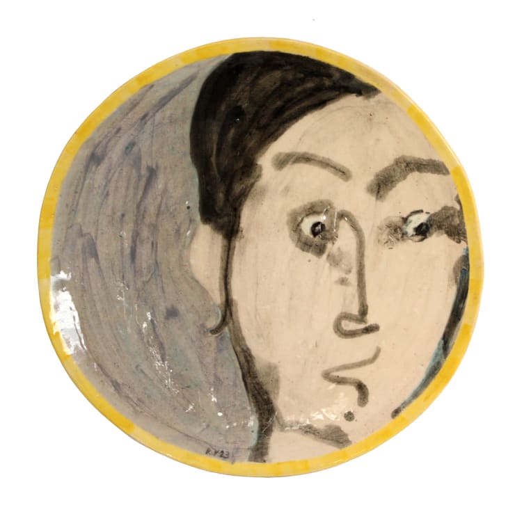 Rabee Kiwan Untitled, 2023 Ceramic plate, oxide color glaze on kaolin and local Syrian clay 30 cm diameter 11 3/4 in diameter