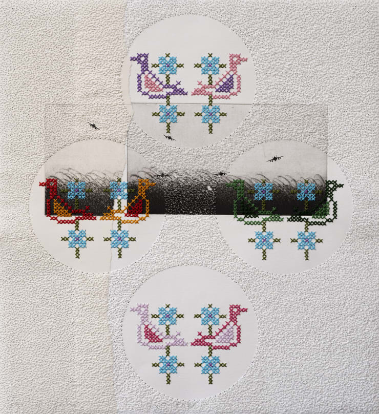 Farid Abu Shakra Country’s Landscape (Irq Al Hamam), 2020 Engraving, thread and perforation on archival paper 49 x 44 cm 19 1/4 x 17 1/4 in