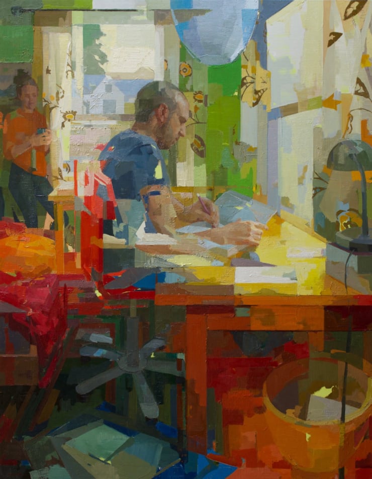 Peter at his Desk - 2019 - olieverf op paneel - 117 x 91cm