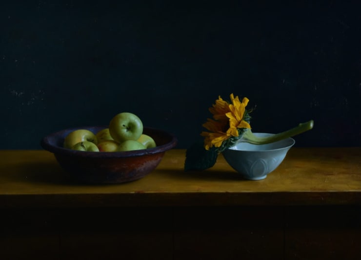 Qiangli Liang - Appels met zonnebloem - 2018 - olieverf op paneel - 50 x 70 cm