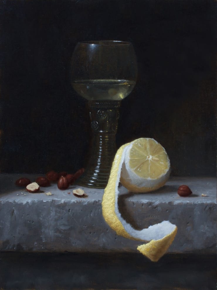 Justin Wood - Roemer and peeled lemon - 2017 - olieverf op paneel - 12 x 9 cm