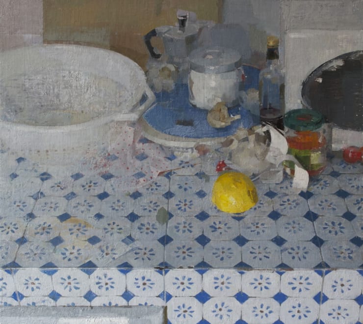 Zoey Frank - Lemon on Blue Tiles - 2016 - olieverf op doek op paneel - 48 x 43 cm