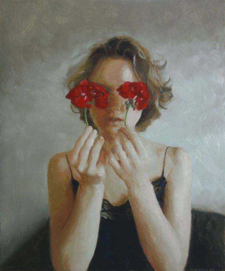 Rafel Bestard - Woman with two flowers - 2016 - olieverf op doek - 65 x 54 cm