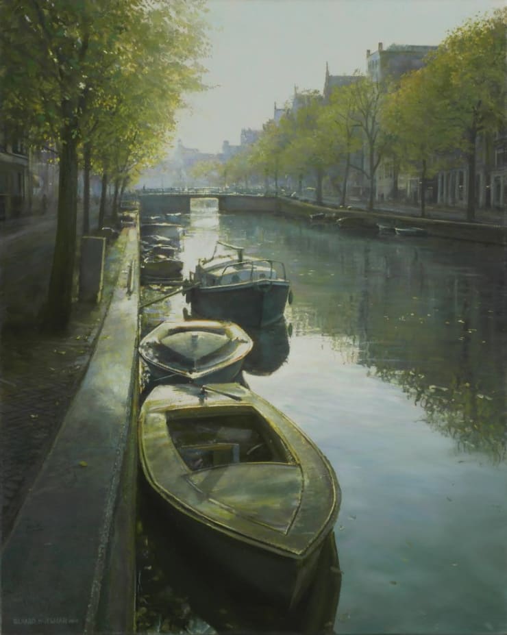 Gerard Huysman - Boten in gracht Kloveniersburgwal - 2015 - Olieverf op paneel - 53 x 66 cm