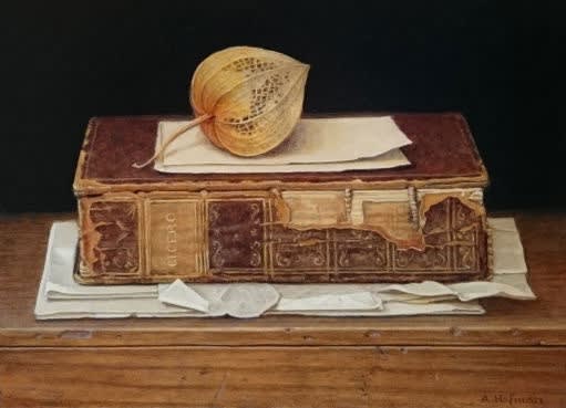 Aad Hofman - Boekenstilleven met lampion - 2015 - olieverf op paneel - 13 x 18 cm