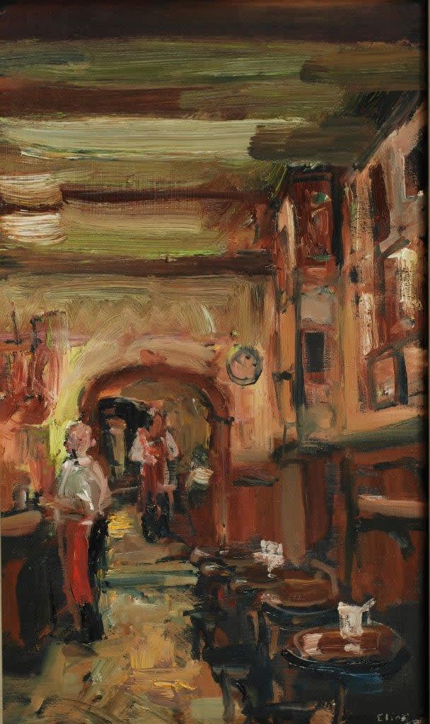 Douwe Elias - Restaurant in Madrid - 2015 - olieverf op paneel - 30 x 80 cm