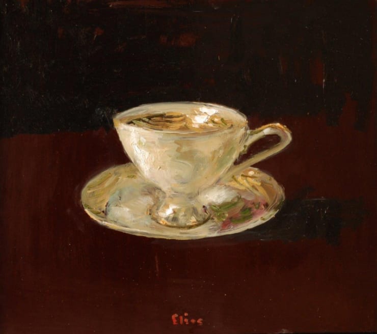 Douwe Elias - Wit kopje met goud - 2015 - olieverf op paneel - 30 x 35 cm