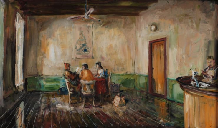 Douwe Elias - De reizigers - 2014 - olieverf op paneel - 90 x 160 cm