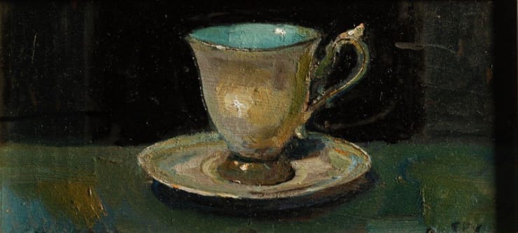 Douwe Elias - Oud kop en schotel - 2015 - Olieverf op paneel - 17 x 35