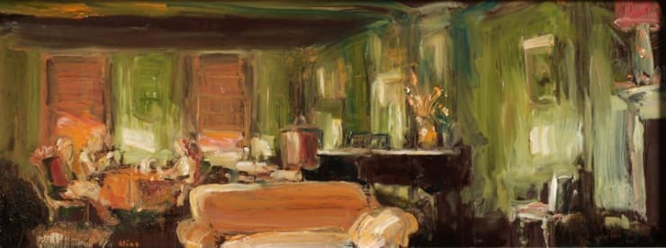 Douwe Elias - Drie mensen aan tafel - 2014 - olieverf op paneel - 30 x 80 cm