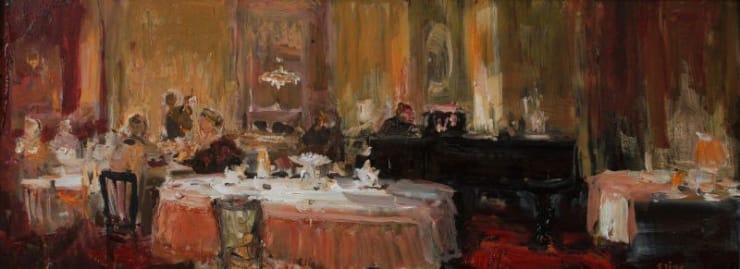 Douwe Elias - Diner met muziek - 2014 - olieverf op paneel - 30 x 80 cm