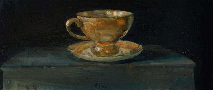 Douwe Elias - Gouden kopje - 2014 - olieverf op paneel - 13.5 x 33 cm