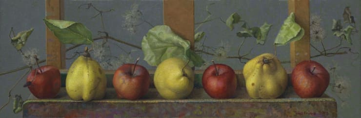 Joke Frima - Kweeperen en rode appels - 2013 - olieverf op linnen - 20 x 60 cm