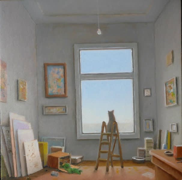 Hans Deuss - Atelierkat - 2017 - olieverf op paneel - 10 x 10 cm