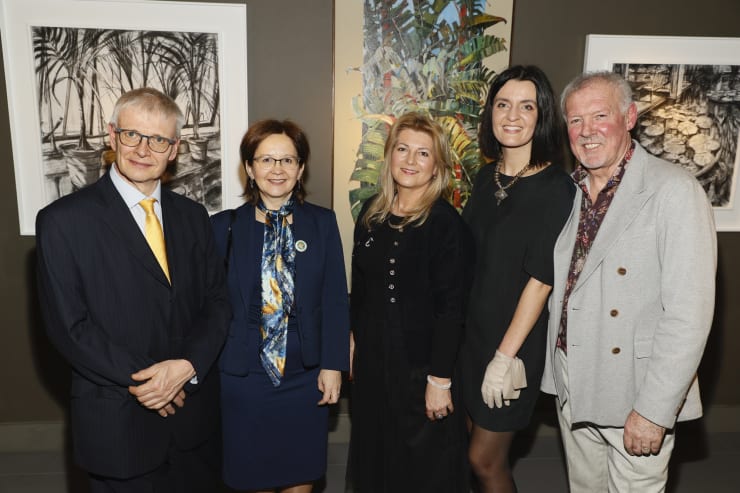 British Ambassador Robin Barnett, Polish Ambassador Anna Sochanska, Agnieszka Kepka, Agata and Gerad Byrne and at the opening of the 'Botanical Fusion. Singapore to Dublin' Exhibition