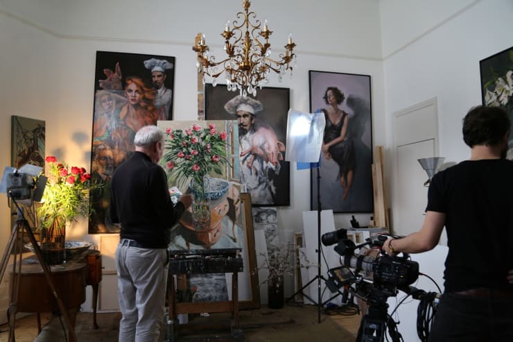 2016 02 21 Gerard Byrne Painting Roses By The Window Behind Scenes Kirsten Cavendish Film At Artist Studio Brighton Uk Photo Credit Agata Byrne 1