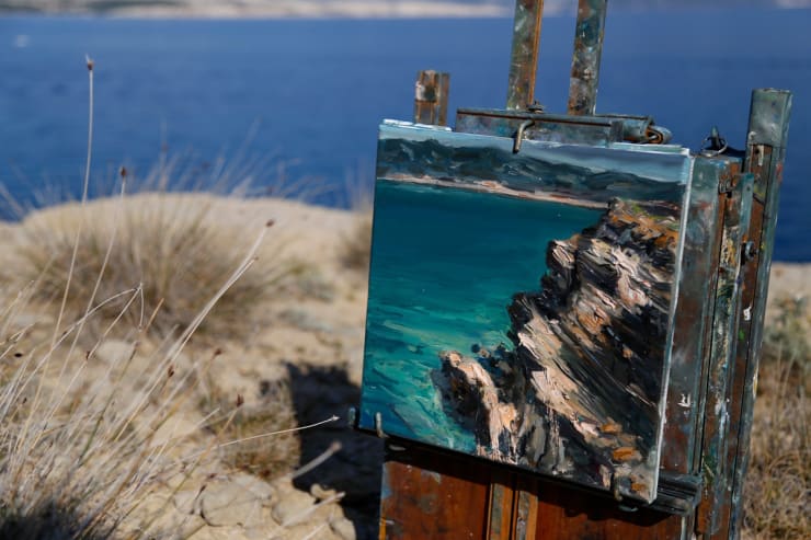 Gerard Byrne plein air painting 'Croatian Sandstone Rocks II' Lopar peninsula Rab island Croatia photo credit Agata Byrne