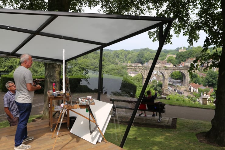 Gerard Byrne plein air painting Sky Arts Landscape Artist of the Year 2017 Knaresborough Castle Bowling Green Yorkshire UK photo...