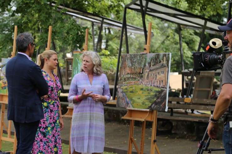 The Judges Tai Shan Schierenberg, Kate Bryan, Kathleen Soriano critiquing Gerard Byrne's plein air painting 'Knaresborough Life' Sky Arts Landscape...