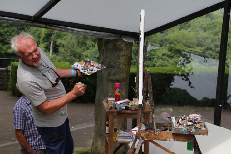 Gerard Byrne plein air painting Sky Arts Landscape Artist of the Year 2017 Knaresborough Castle Bowling Green Yorkshire UK photo...