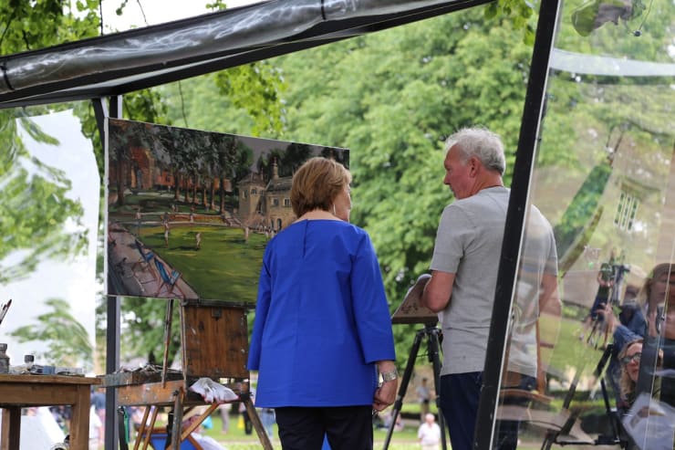 Gerard Byrne with Sky Arts Landscape Artist of the Year 2017 presenter Joan Bakewell Knaresborough Castle Bowling Green Yorkshire UK...