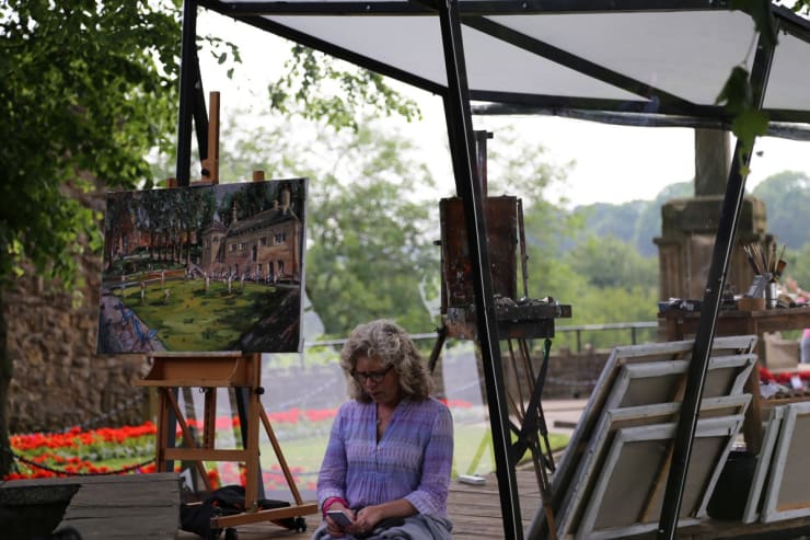 Kathleen Soriano with Gerard Byrne's plein air painting 'Knaresborough Life' Sky Arts Landscape Artist of the Year 2017 Yorkshire UK...