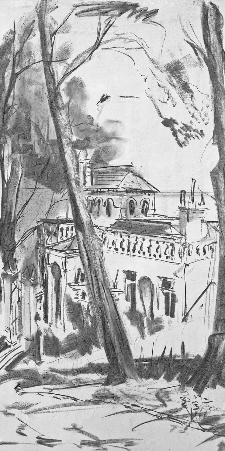 Strawberry Hill House' charcoal sketch on canvas by Gerard Byrne, 2015