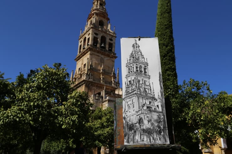 Plein air charcoal sketch by Gerard Byrne, Patio de Naranjos, Cordoba Mosque Cathedral, Spain