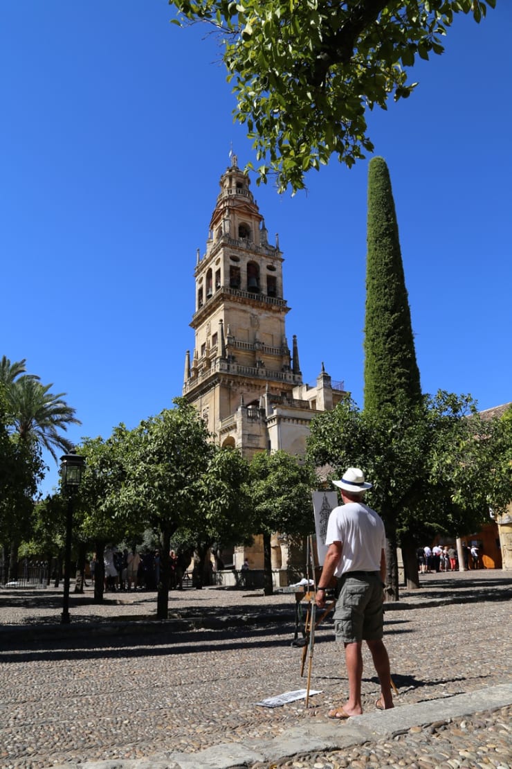 Gerard Byrne sketching plein air Patio de Naranjos, Cordoba Mosque Cathedral, Spain