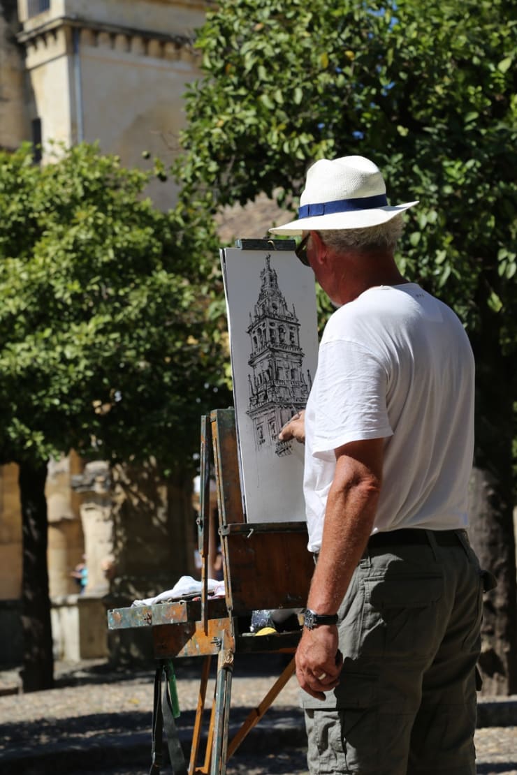 Gerard Byrne sketching plein air Patio de Naranjos, Cordoba Mosque Cathedral, Spain