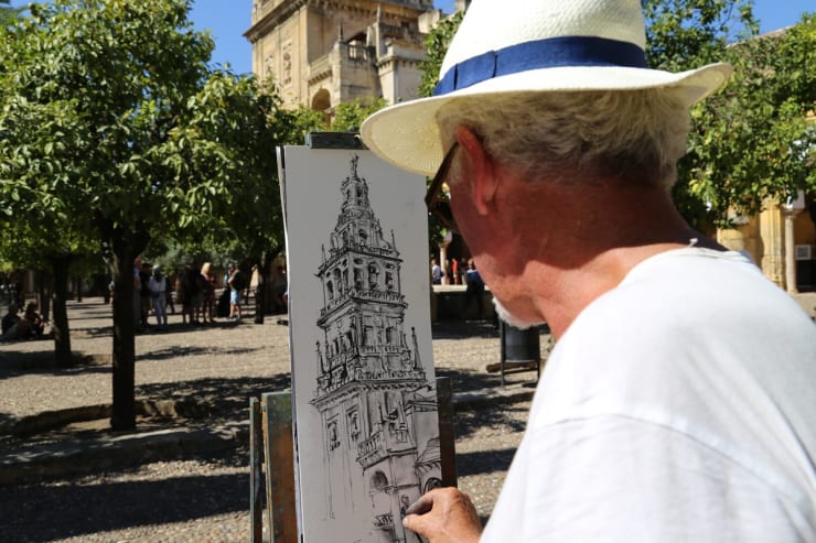 Gerard Byrne sketching plein air Patio de Naranjos, Cordoba Mosque Cathedral, Spain