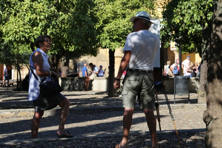 Gerard Byrne sketching plein air Patio de Naranjos, Cordoba Mosque Cathedral, Spain