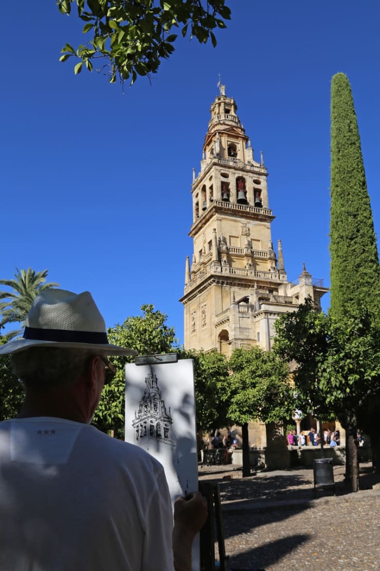 Gerard Byrne sketching plein air Patio de Naranjos, Cordoba Mosque Cathedral, Spain