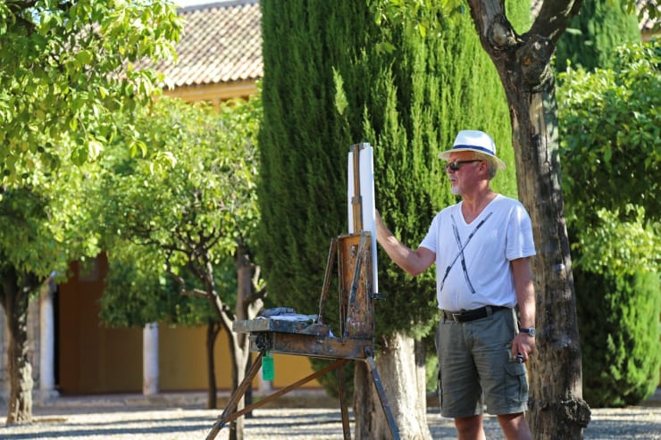 Gerard Byrne sketching plein air Patio de Naranjos, Cordoba Mosque Cathedral, Spain