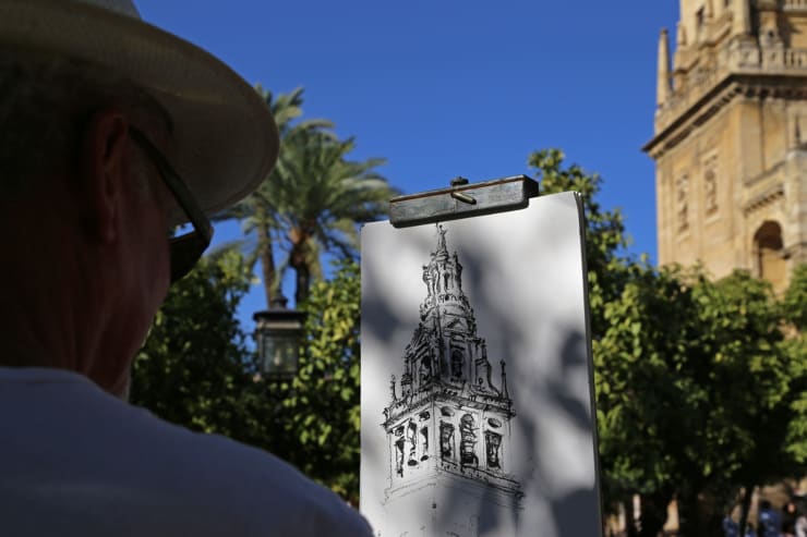 Gerard Byrne sketching plein air Patio de Naranjos, Cordoba Mosque Cathedral, Spain
