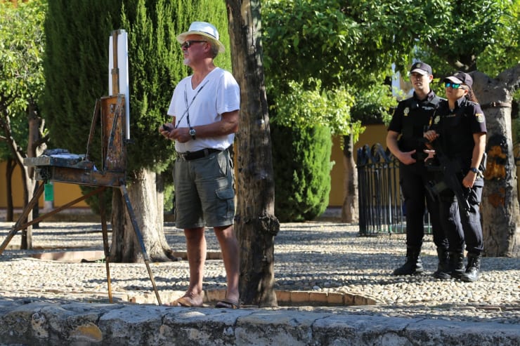 Gerard Byrne sketching plein air Patio de Naranjos, Cordoba Mosque Cathedral, Spain