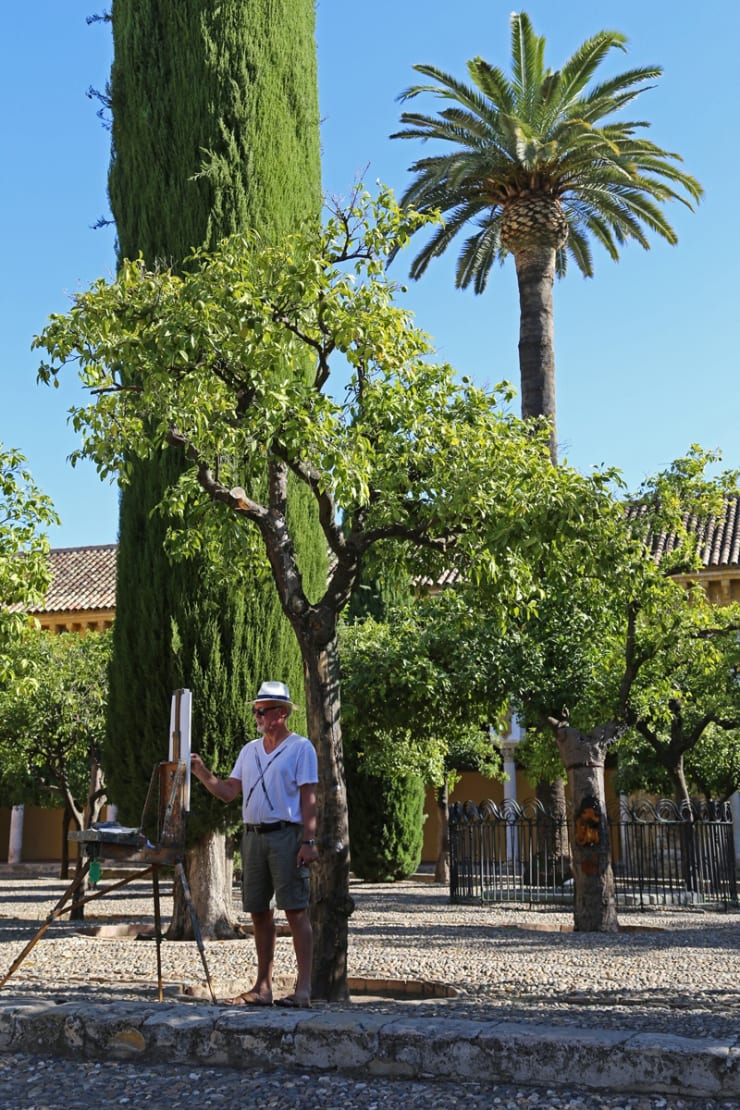 Gerard Byrne sketching plein air Patio de Naranjos, Cordoba Mosque Cathedral, Spain