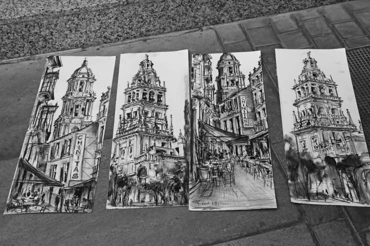 Plein air charcoal sketches by Gerard Byrne, Spain