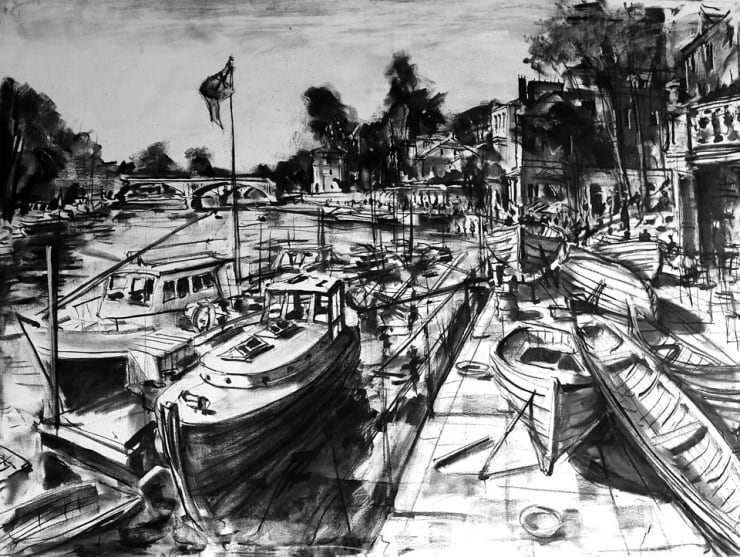 'Boats at Richmond' plein air charcoal sketch by Gerard Byrne