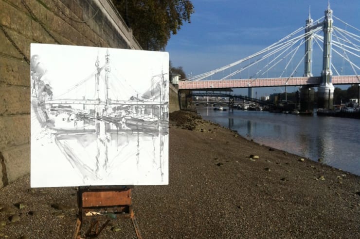 'Albert Bridge' plein air charcoal sketch by Gerard Byrne
